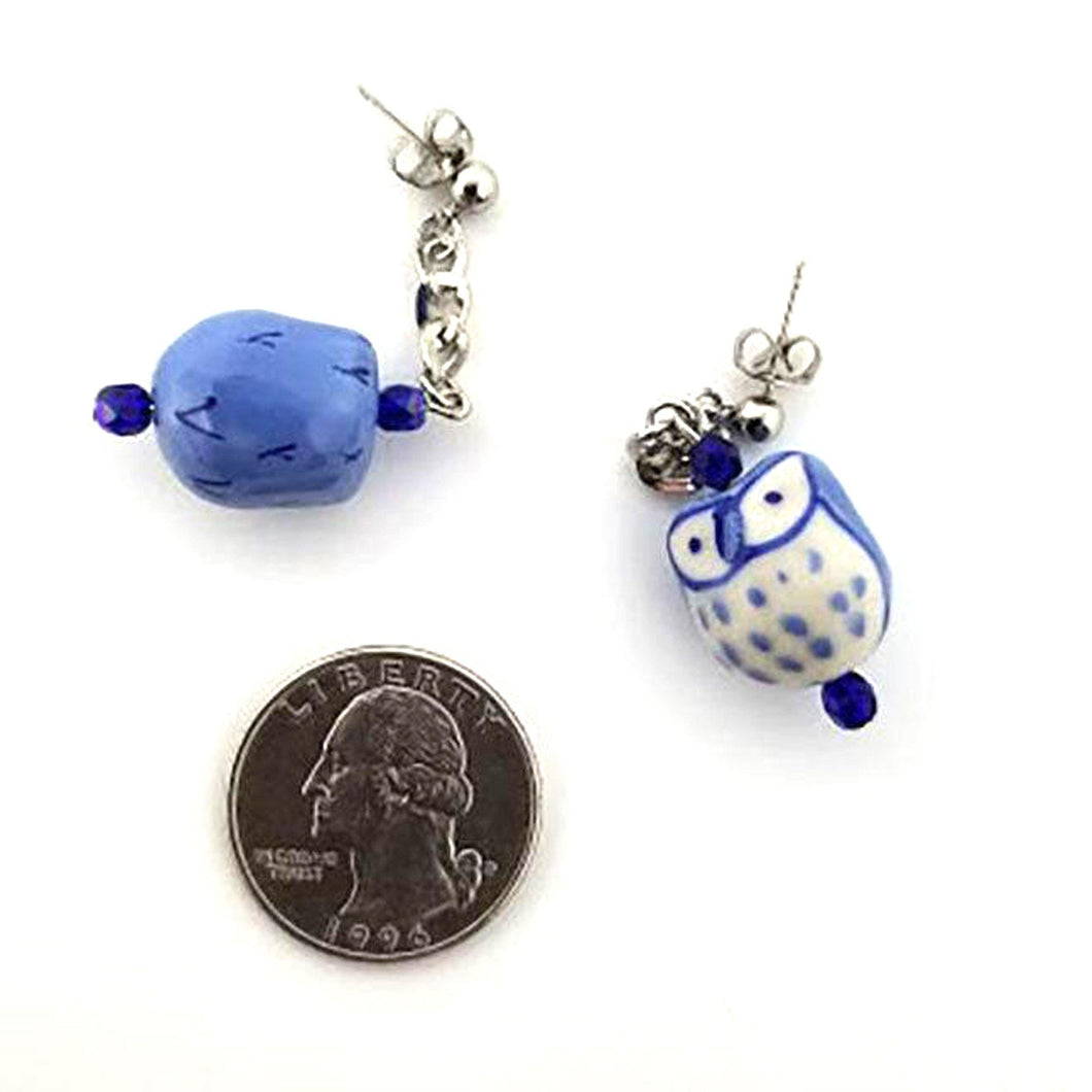 Blue ceramic owl earrings with blue Czech glass accents - Curio Memento