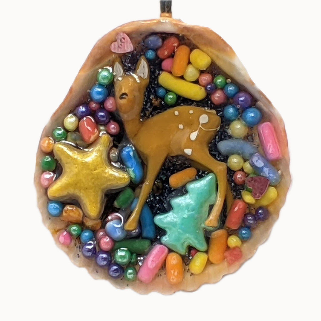 Deer and seashell pendant created using tiny plastic deer, candy sprinkles, sequins and glittered resin - Includes chain - Curio Memento
