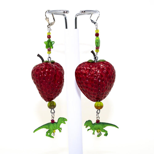 Kitschy Strawberry T-Rex Dinosaur Swag Earrings OOAK - Curio Memento