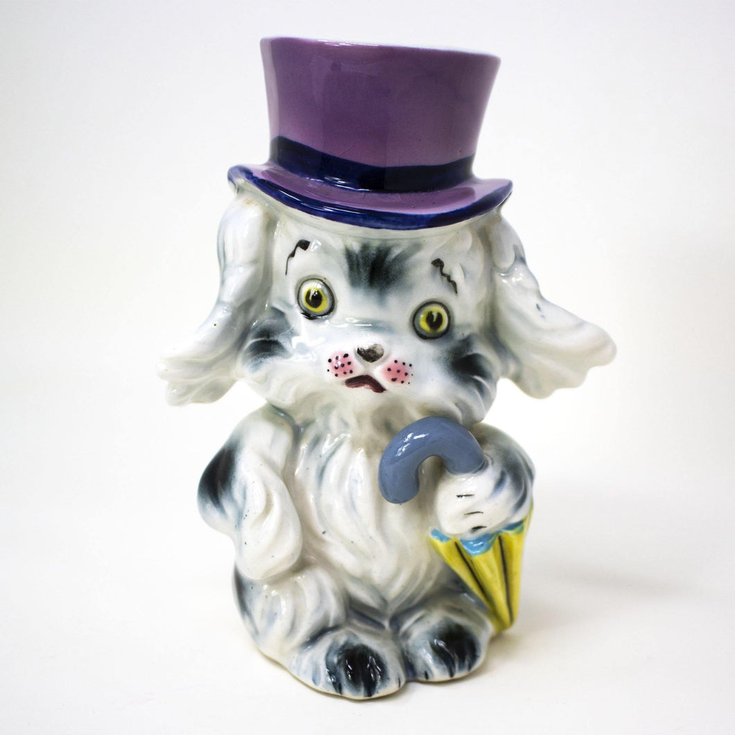Vintage 1950-1960's Dapper Dog with Purple Top Hat Ceramic Vase - Curio Memento
