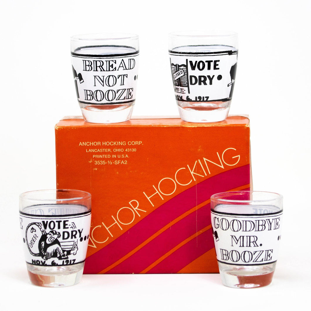 RARE: Set of 4 Prohibition-Themed Glass Anchor Hocking 2.5 oz Whiskey Jiggers/Shot Glasses - Curio Memento