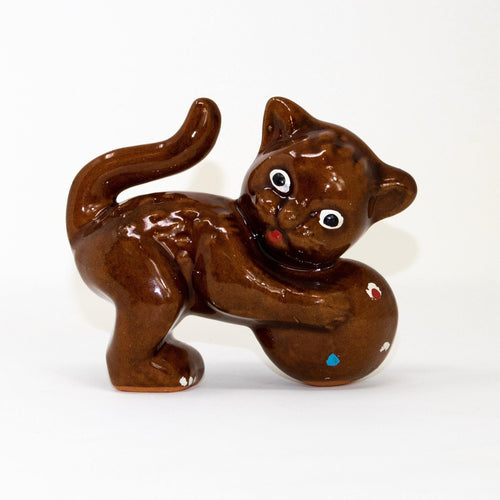 Vintage Cocoa Colored Ceramic Cat with Ball - Curio Memento