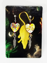 Load image into Gallery viewer, Speckled ceramic heart earrings with glass czech beads and feather accent - Curio Memento
