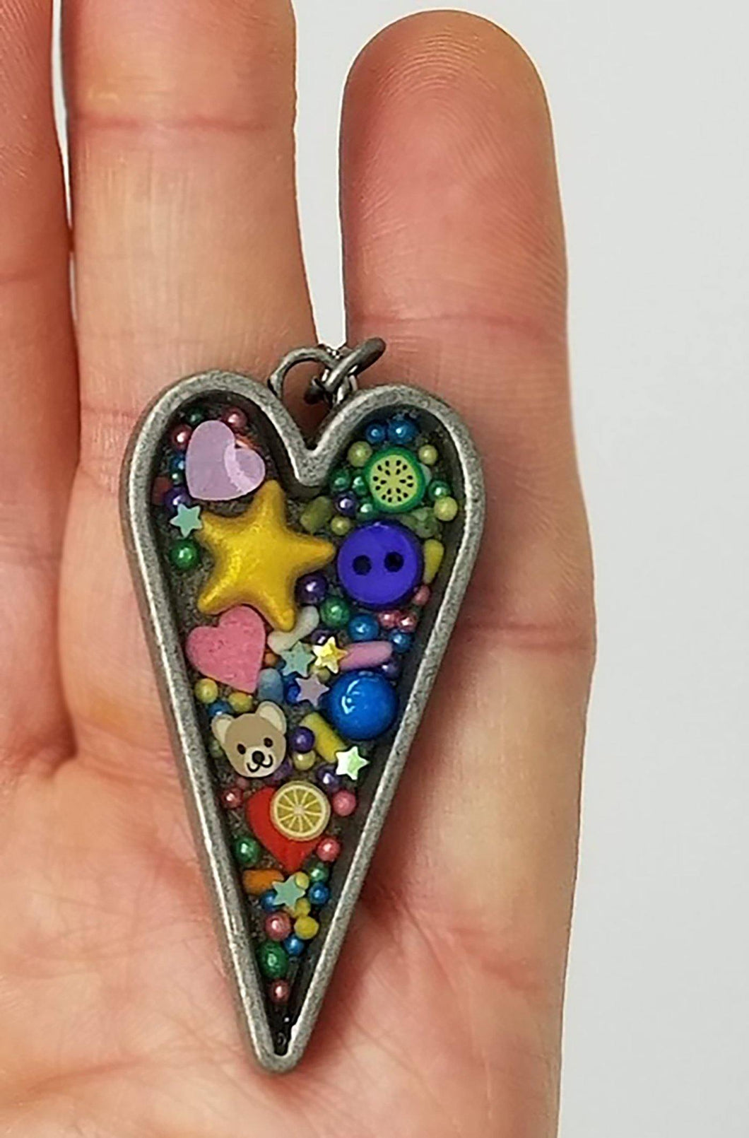 Silver heart pendant with sprinkles, polymer slices and sequins (hearts and stars) - Includes chain - Curio Memento