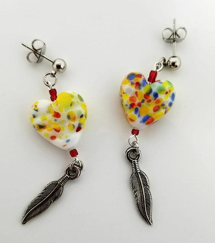Speckled ceramic heart earrings with glass czech beads and feather accent - Curio Memento