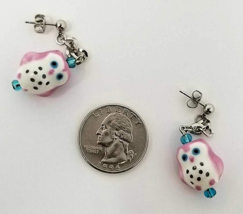 Pink ceramic owl earrings with baby blue Czech glass accents - Curio Memento