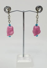 Load image into Gallery viewer, Pink ceramic owl earrings with baby blue Czech glass accents - Curio Memento
