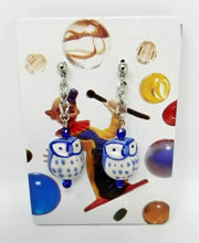 Load image into Gallery viewer, Blue ceramic owl earrings with blue Czech glass accents - Curio Memento
