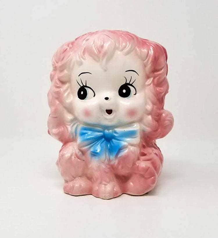 Vintage Cotton Candy Puppy Planter with Baby Blue Bow - Curio Memento