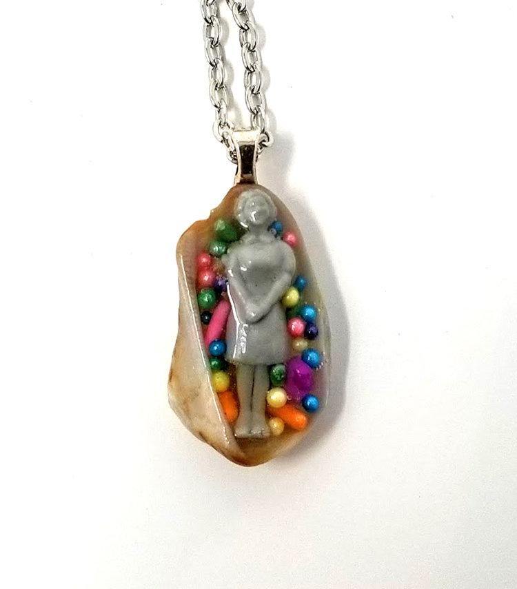 Seashell with real rainbow candy sprinkles and miniature woman immersed in clear epoxy resin - Includes chain - Curio Memento
