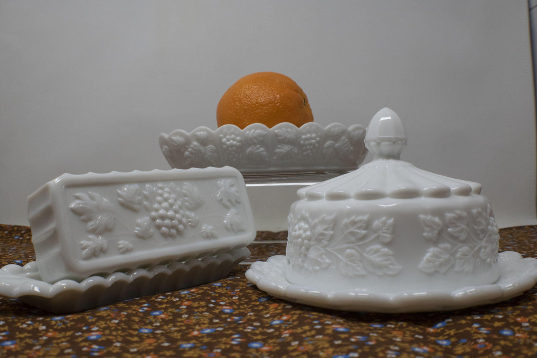 Westmoreland Milk Glass Set (Butter Dish, Cheese and Relish Dish & Pickle Dish ) - Curio Memento