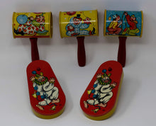 Load image into Gallery viewer, Set of 5 Vintage Circus Themed Litho Tin Metal Noisemakers - Curio Memento
