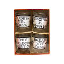Load image into Gallery viewer, RARE: Set of 4 Prohibition-Themed Glass Anchor Hocking 2.5 oz Whiskey Jiggers/Shot Glasses - Curio Memento
